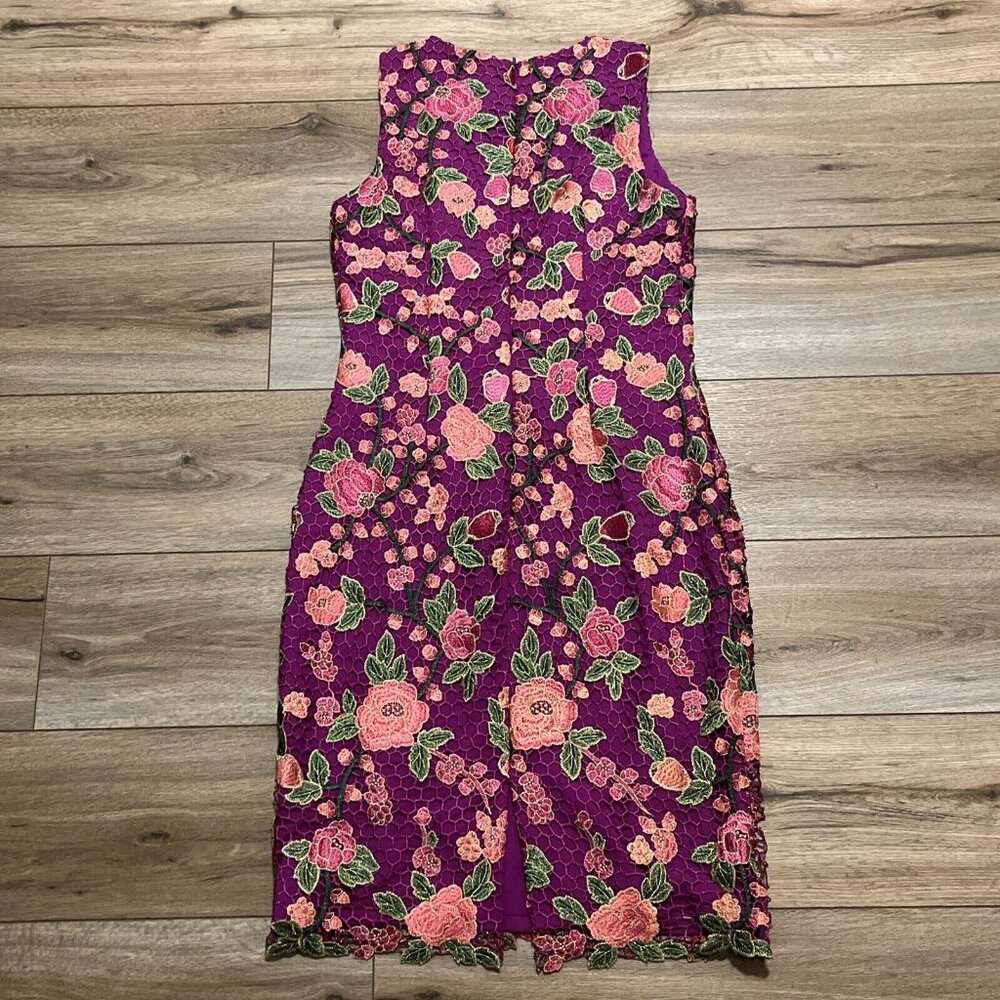 Women's Badgley Mischka Sheath Dress SZ 8 Purple Floral Overlay Sleeveless - Picture 9 of 11